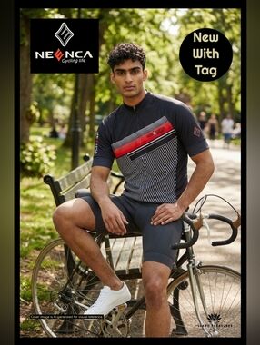 NWT NEENCA Sz Large Men Pro Cycling Jersey Navy/Red Full Zip Three Deep Pockets
